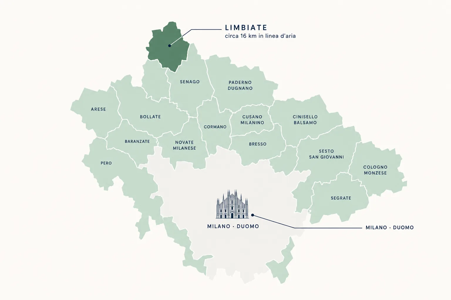 Mappa: Limbiate a circa 16 km a nord di Milano, posizione della Residenza Civico23 e comuni intermedi